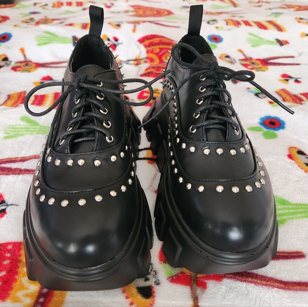 Chunky Black Studded Platform Oxfords with Spike Heel - Picture 3 of 5